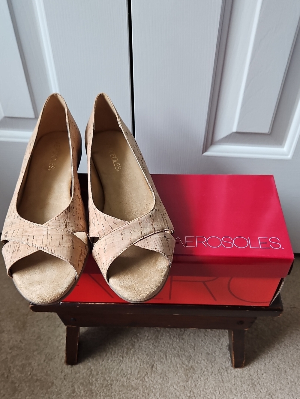 AEROSOLES Beige Cork Peep-Toe Wedge Heels